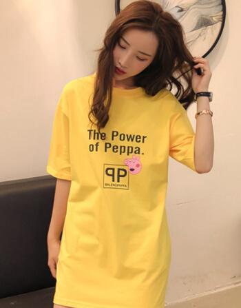 小猪佩奇t恤女短袖衣服抖音同款社会人中长款佩琪下衣失踪宽松潮黄色