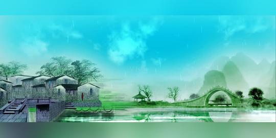 蓝色水墨江南雨背景素材