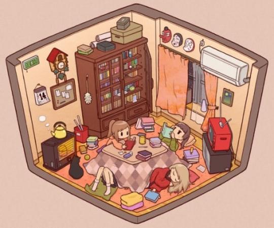女生姐妹友情闺蜜寝室房间宿舍手绘插画插图q版立体可爱温馨温暖