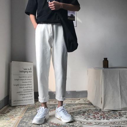 坠感阔腿牛仔裤男直筒宽松烂脚边网红裤子抖音九分韩版潮流潮ins