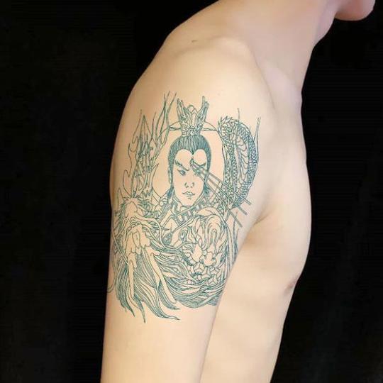 天眼二郎神刺青色线条纹身贴男女花臂手臂腿部割线赵云杨戬青龙贴
