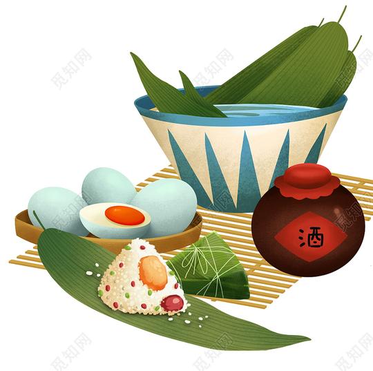 卡通手绘扁平端午节鸭蛋和粽叶原创插画素材