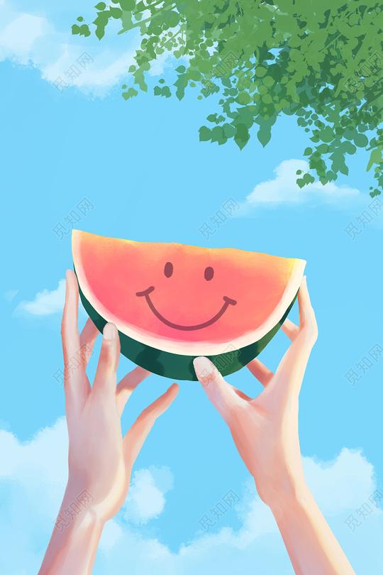 夏至插画夏天节气西瓜夏日风景背景手绘凉爽清爽清凉素材