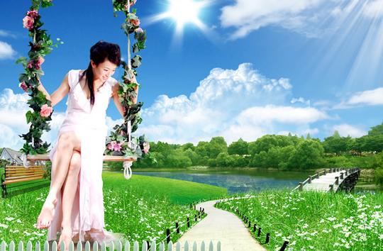 美女荡秋千图片psd分层素材