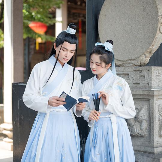 海棠微雨新款传统汉服绣花交领儒裙情侣装cp装书生学生班服团队表