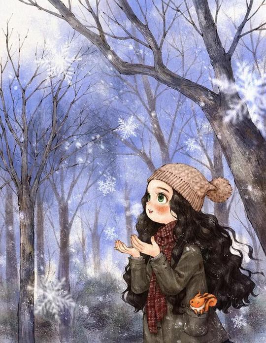 卡通插画#森林女孩日记#雪花唯美文艺紫色手机壁纸聊天背景