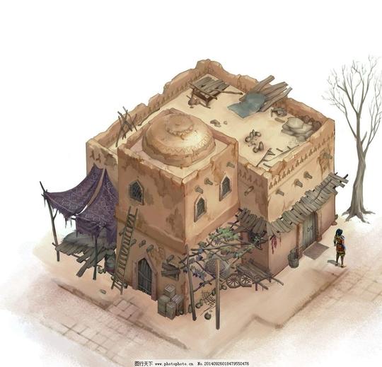 房子游戏素材手绘古代复古原画设计动漫动画风景漫画72dpi