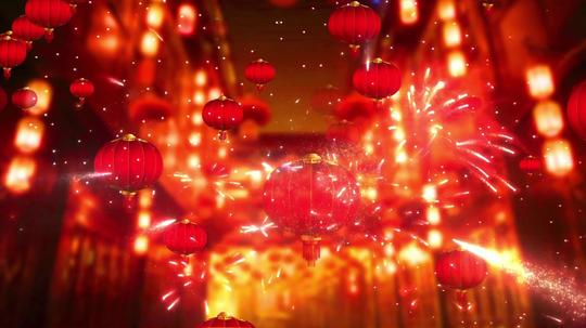 大红灯笼上升烟花过年街道新年春节背景素材_1920x