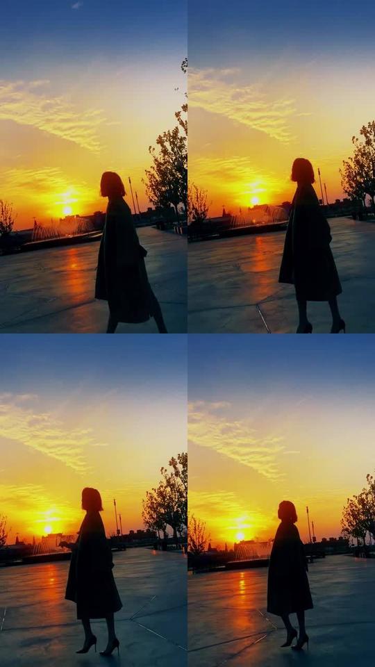 竖屏唯美夕阳下美女走路
