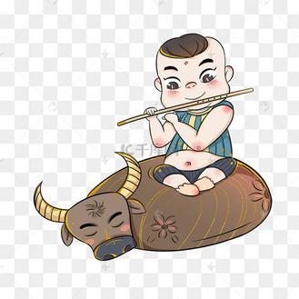 坐在水牛上的牧童吹笛