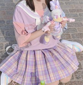大码黛丝同格jk制服格裙学院风百褶裙胖mm学生少女甜美粉紫格短裙