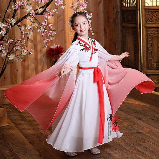 女汉服女大童古筝演出服超仙女秋冬元旦中国风走秀儿童古装红水袖