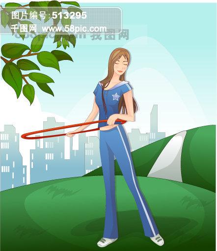 矢量运动素材运动健身可爱女孩瘦身呼啦圈