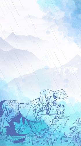 蓝色水彩插画谷雨海报背景素材