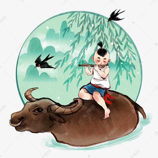 清明骑牛吹笛牧童