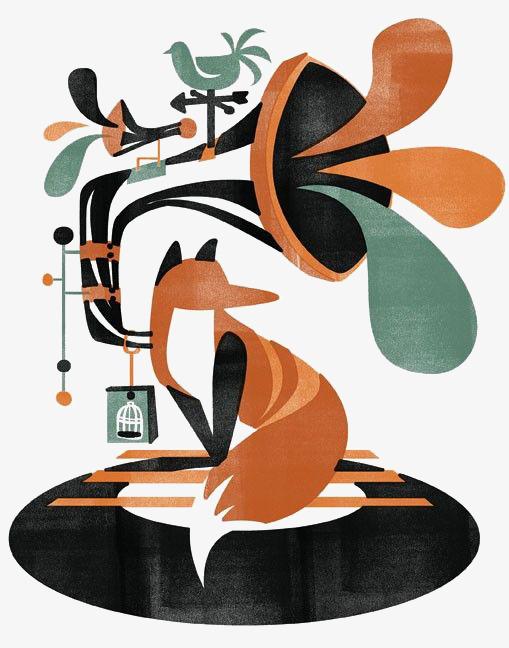 关键词:唱片机,留声机,狐狸,动物,复古,插画,手绘,卡通