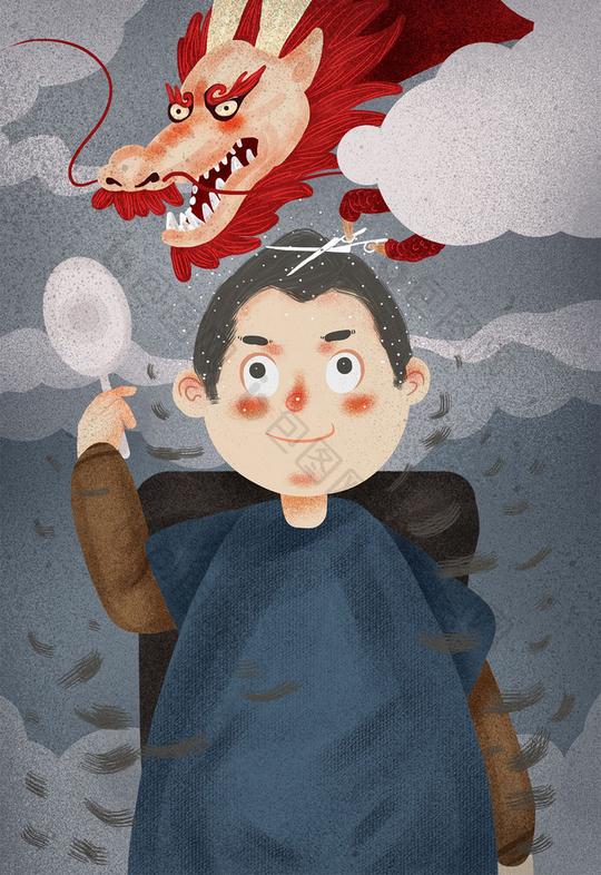 红色二月二龙抬头理发小男孩插画