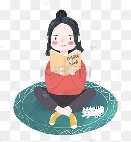 考试卡通手绘坐在地毯上认真学习的小女孩和小猫咪