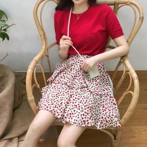 网红波点雪纺a字半身裙女春夏雪梨同款小樱桃印花百搭蛋糕裙短裙