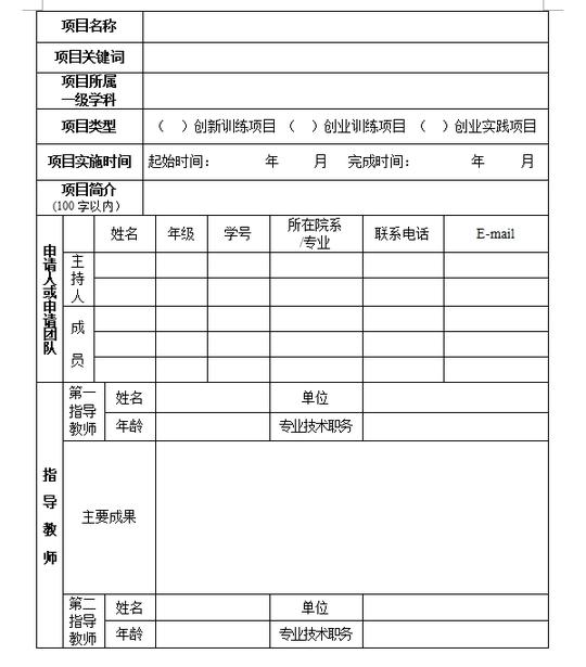 国家级高等学校大学生创新创业训练计划项目申报表