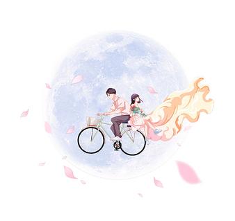 手绘唯美月亮七夕月亮浪漫情侣骑行png素材