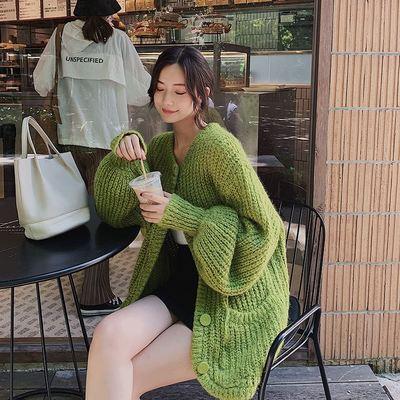 针织开衫女春秋韩版宽松慵懒风牛油果绿灯笼袖毛衣外穿外套新款潮