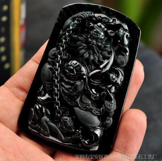 一翠珠宝精雕透光黑墨翠钟馗玉牌天然a货翡翠缅甸***400407