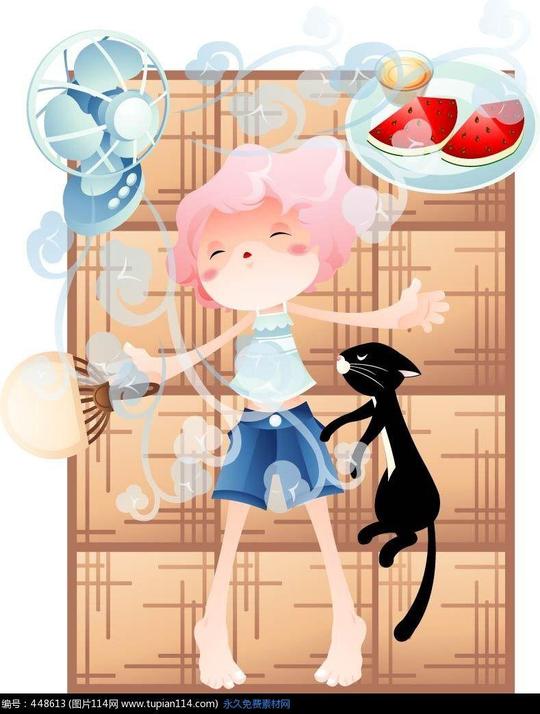 夏天吹电风扇的小女孩设计素材免费下载_卡通人物ai