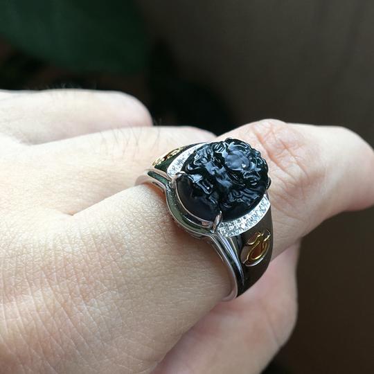 天然翡翠a货冰种墨翠龙头戒指镶嵌18k白金男款霸气龙头墨翠玉戒面