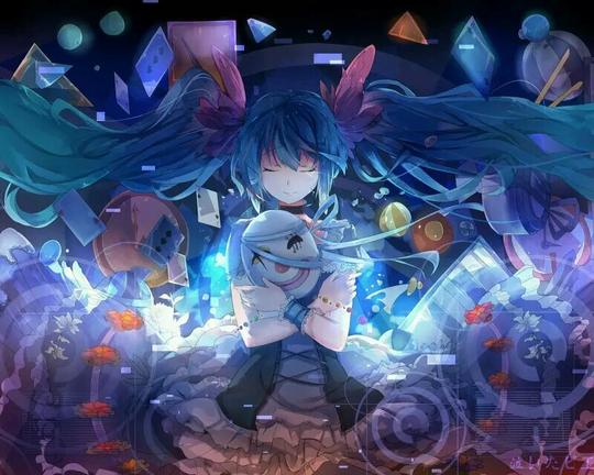 初音未来miku双马尾横飞流泪微信小丑面具