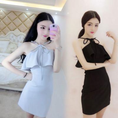 828新款性感夜店女装2017夏夜场挂脖吊带蝴蝶结系带荷叶边抹胸气质连衣裙s浅灰色