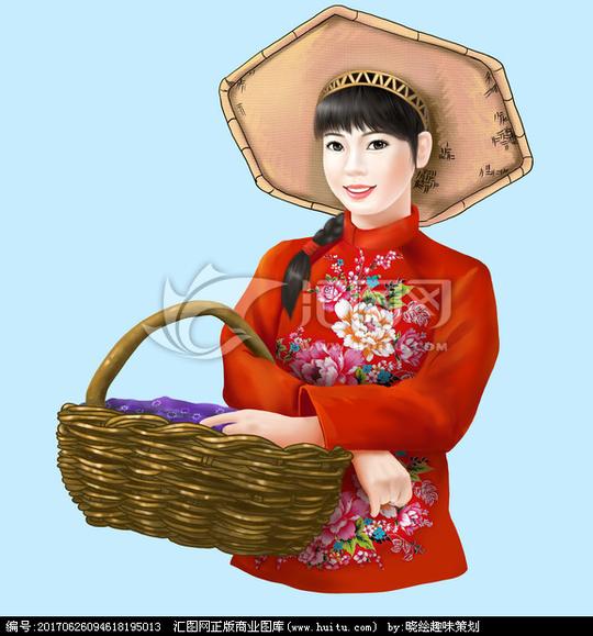 农村美女漂亮干活的美女美女手绘插画高兴提篮子扎辫子特产包装素材
