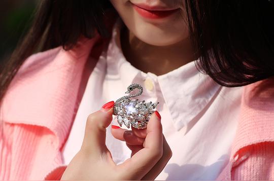 抖音同款韩国水晶锆石天鹅胸针女高档胸花西服别针大衣配饰礼物韩国网