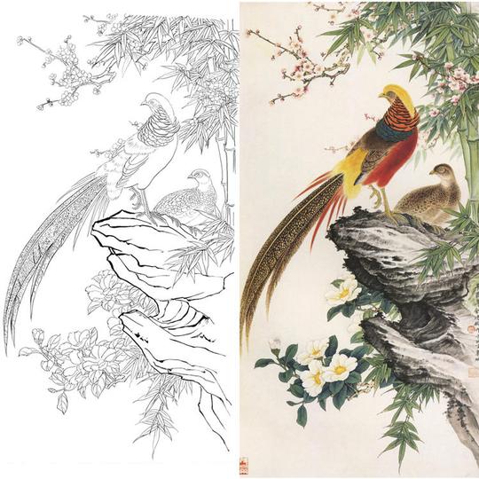 白描底稿工笔竖幅花鸟金鸿钧竹子锦鸡高清工笔画素材国画a105