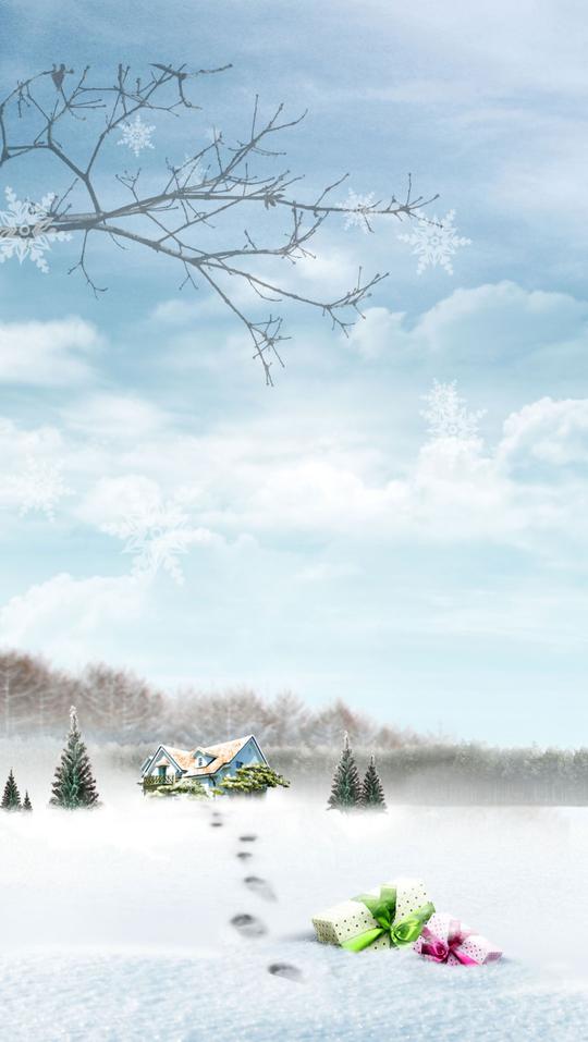 冬季雪地树枝云朵h5背景素材
