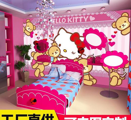 壁纸代理加盟宣绒布温馨女童房间墙纸装饰墙布儿童kitty猫壁