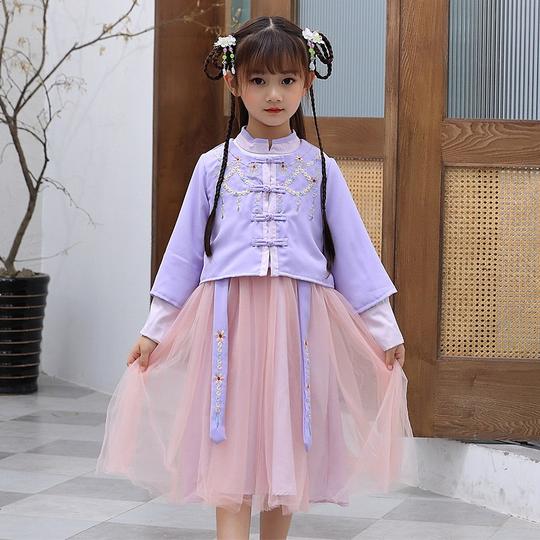 女童汉服中国风儿童古装刺绣公主裙春秋款唐装超仙古风女宝宝襦裙紫色150