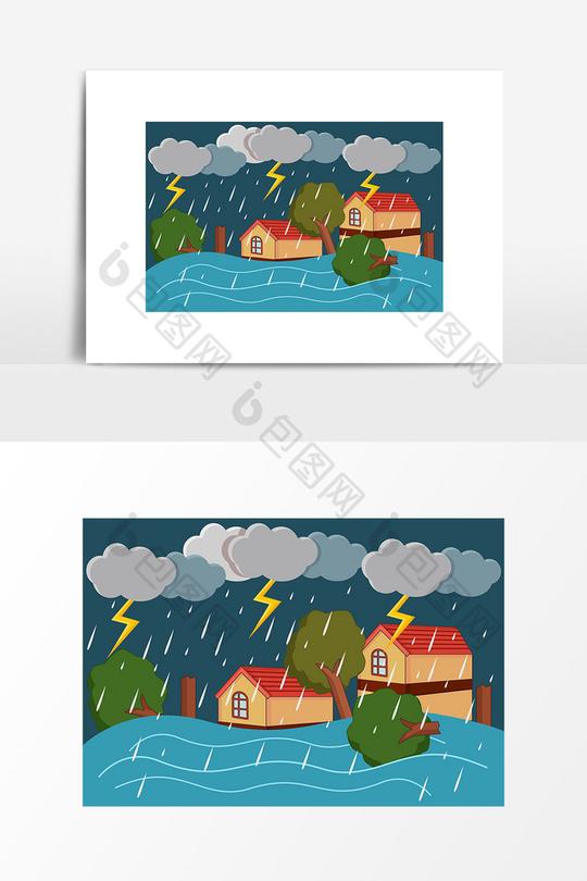 手绘卡通风自然灾害暴雨洪灾素材