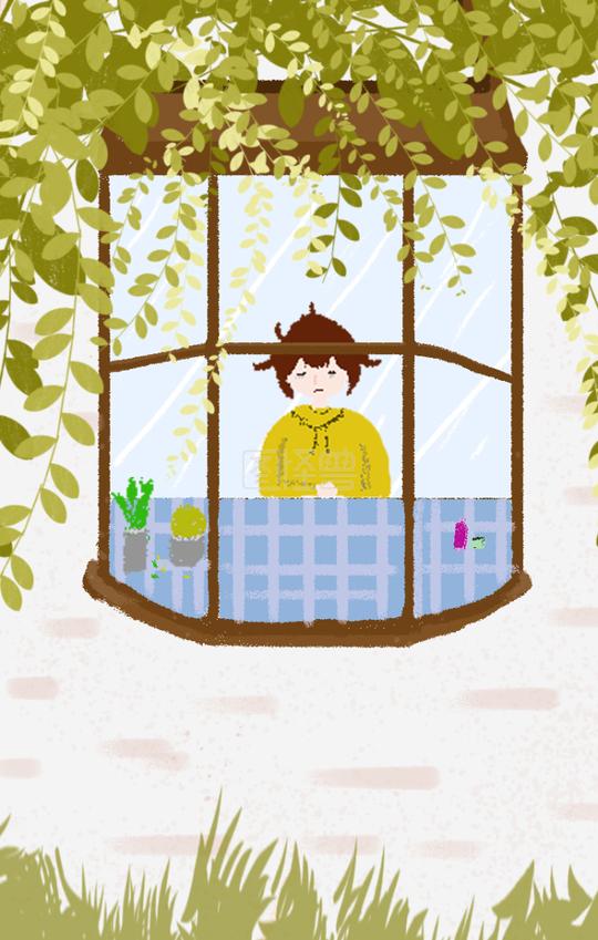 图怪兽原创素材背景早安你好小清新手绘少女清晨插画背景