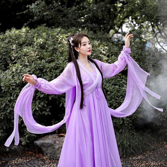 白色超仙飘逸古风白娘子鞠婧祎同款芸溪汉服古装襦裙薄纱仙气女夏淡紫色成人s