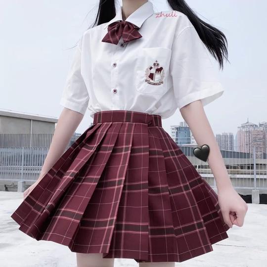 【沙华】中牌馆少女jk制服裙百褶裙学院风酒红色格裙校服裙成品布