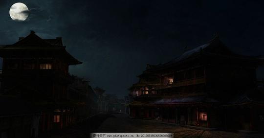 古镇夜晚古代建筑月亮房子街道风景漫画动漫动画