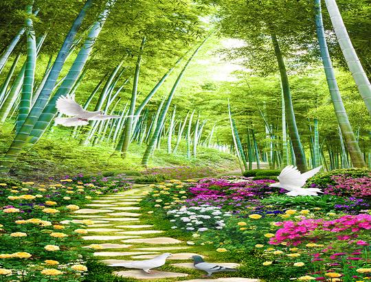 主播直播间山水田园竹林室外风景装饰立体背景布3d快手网红背景墙