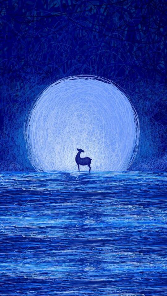 深蓝手机壁纸背景壁纸锁屏高清鹿月光创意插画#图源网侵删