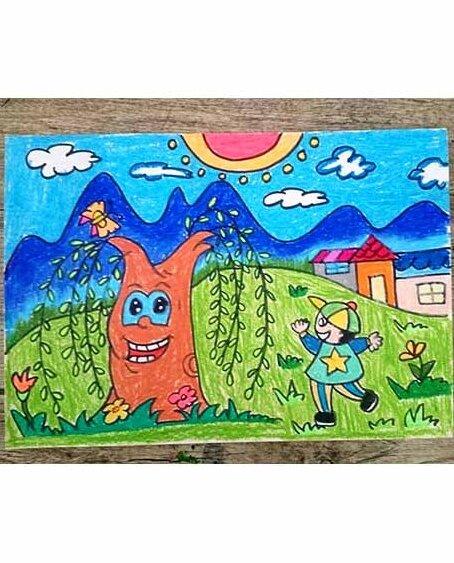 儿童画插画简笔画涂鸦卡通画壁纸素材蜡笔画水彩笔装饰画黑白线条柳树