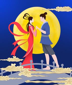 手绘七夕情人节牛郎鹊桥会织女插画素材