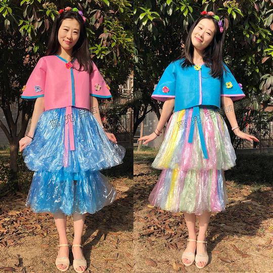 儿童环保服幼儿园表演出汉服改良古装大人亲子环保手工材料走秀女