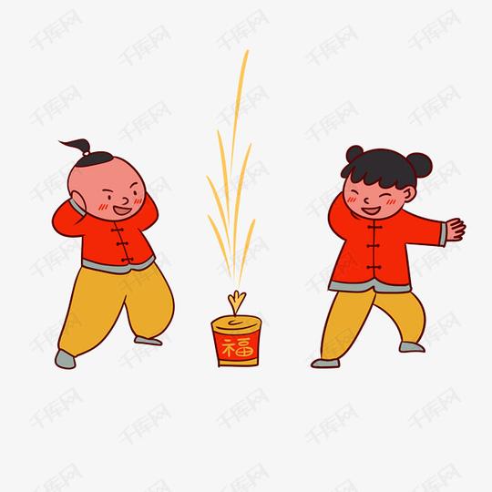 手绘卡通矢量新年小孩子放烟花鞭炮素材图片免费下载