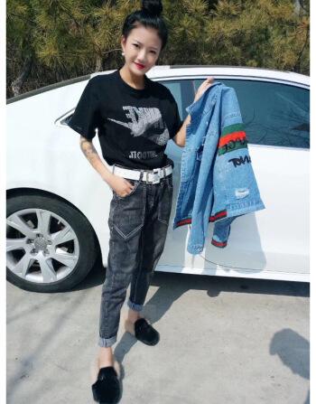 社会女t恤精神衣服快手网红萝莉焱大美同款水钻字母宽松短袖上衣黑色