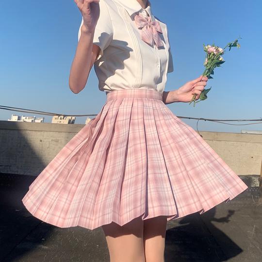 〖少女心事〗jk制服裙学生粉色格裙日系甜美百褶裙学院风短裙套装